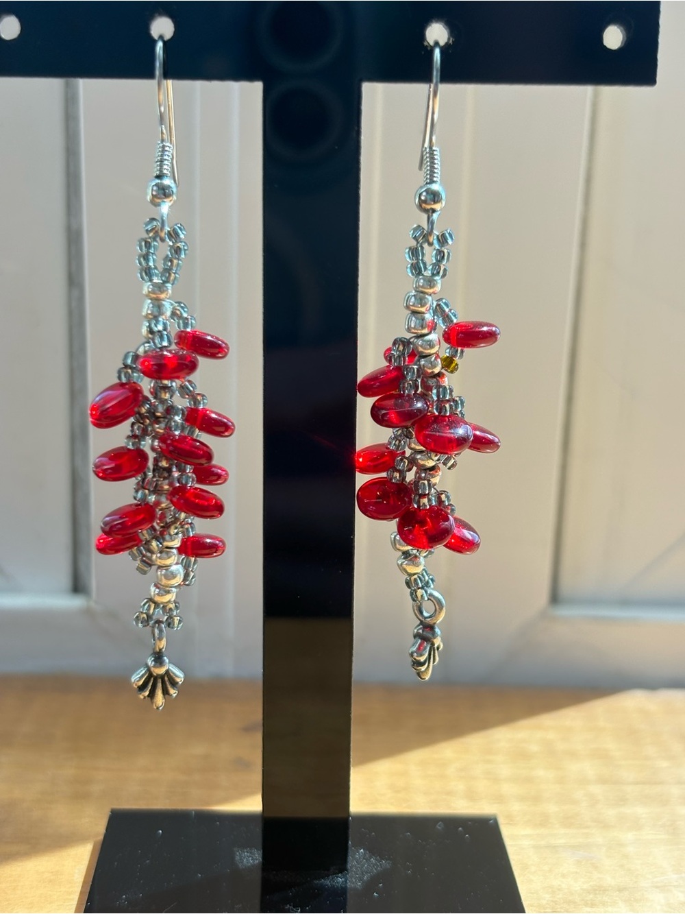 Handmade Beaded Dangle Earrings, Deep Red, Silver and Gray Glass Beads